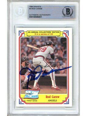Rod Carew Signed 1984 Drake's Big Hitters #5 California Angels BAS Slab MLB Auto